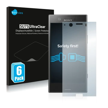 Front side of a product packaging with the brand logo Savvies. Next to it is the device Sony Xperia XZ1 Compact shown with the