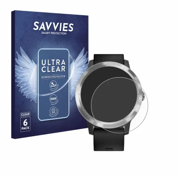Front side of a product packaging with the brand logo Savvies. Next to it is the device Garmin vivoactive 3 shown with the cor