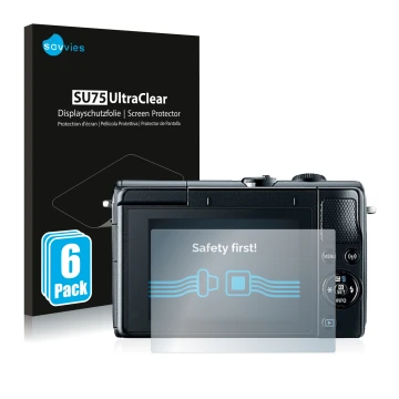 Front side of a product packaging with the brand logo Savvies. Next to it is the device Canon EOS M100 shown with the correspo