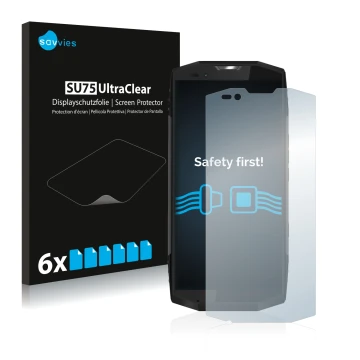 Front side of a product packaging with the brand logo Savvies. Next to it is the device Blackview BV9000 Pro shown with the co