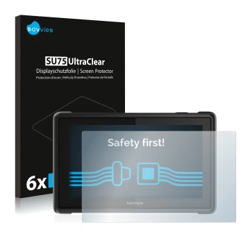 Front side of a product packaging with the brand logo Savvies. Next to it is the device TomTom Pro 8275 Truck shown with the c