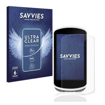 Front side of a product packaging with the brand logo Savvies. Next to it is the device Garmin Edge 1030 shown with the corres