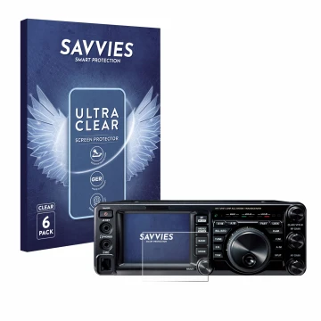 Front side of a product packaging with the brand logo Savvies. Next to it is the device Yaesu FT-991A shown with the correspon