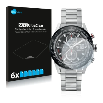 Front side of a product packaging with the brand logo Savvies. Next to it is the device TAG Heuer Carrera (45 mm) shown with t
