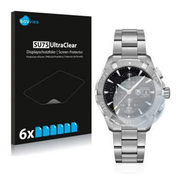 Front side of a product packaging with the brand logo Savvies. Next to it is the device TAG Heuer Aquaracer (43 mm) shown with