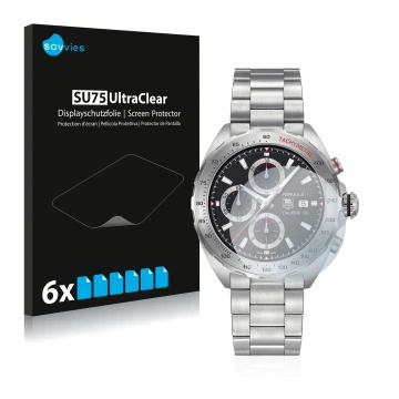 Front side of a product packaging with the brand logo Savvies. Next to it is the device TAG Heuer Formula 1 (44 mm) shown with