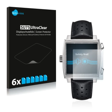 Front side of a product packaging with the brand logo Savvies. Next to it is the device TAG Heuer Monaco (39 mm) shown with th