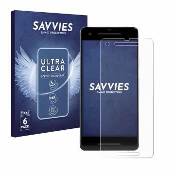 Front side of a product packaging with the brand logo Savvies. Next to it is the device Google Pixel 2 shown with the correspo