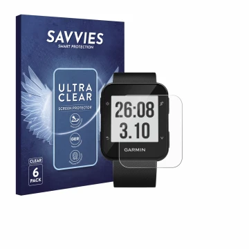Front side of a product packaging with the brand logo Savvies. Next to it is the device Garmin Forerunner 30 shown with the co