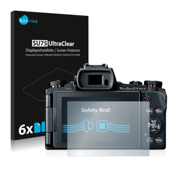 Front side of a product packaging with the brand logo Savvies. Next to it is the device Canon PowerShot G1 X Mark III shown wi