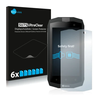 Front side of a product packaging with the brand logo Savvies. Next to it is the device Crosscall Trekker M1 shown with the co
