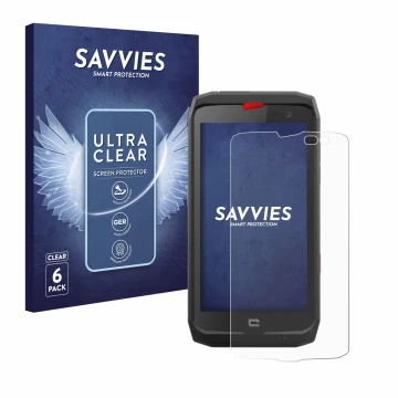 Front side of a product packaging with the brand logo Savvies. Next to it is the device Crosscall Action X3 shown with the cor