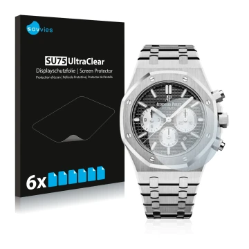 Front side of a product packaging with the brand logo Savvies. Next to it is the device Audemars Piguet Royal Oak (41 mm) show