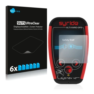 Front side of a product packaging with the brand logo Savvies. Next to it is the device Syride Sys'Nav V3 shown with the corre