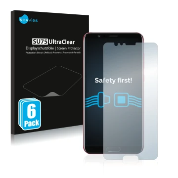Front side of a product packaging with the brand logo Savvies. Next to it is the device Honor View 10 shown with the correspon