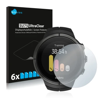 Front side of a product packaging with the brand logo Savvies. Next to it is the device Suunto Spartan Ultra shown with the co