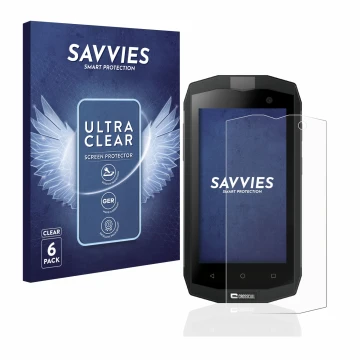 Front side of a product packaging with the brand logo Savvies. Next to it is the device Crosscall Trekker M1 Core shown with t
