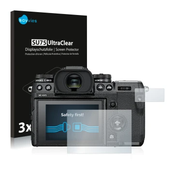 Front side of a product packaging with the brand logo Savvies. Next to it is the device Fujifilm X-H1 shown with the correspon