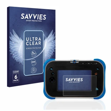 Front side of a product packaging with the brand logo Savvies. Next to it is the device Vtech Storio Max 2.0 shown with the co