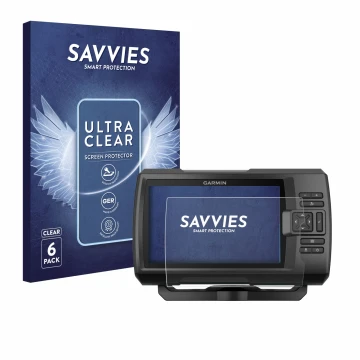 Front side of a product packaging with the brand logo Savvies. Next to it is the device Garmin Striker Plus 5cv shown with the