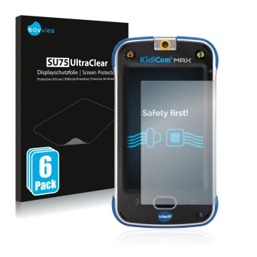 Front side of a product packaging with the brand logo Savvies. Next to it is the device Vtech Kidicom Max shown with the corre