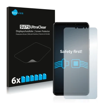 Front side of a product packaging with the brand logo Savvies. Next to it is the device Xiaomi Mi Max 3 shown with the corresp