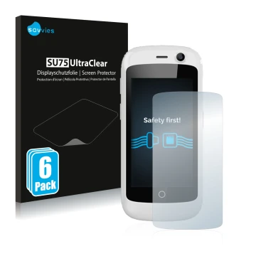 Front side of a product packaging with the brand logo Savvies. Next to it is the device Unihertz Jelly Pro shown with the corr