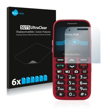 Front side of a product packaging with the brand logo Savvies. Next to it is the device Doro Primo 366 shown with the correspo