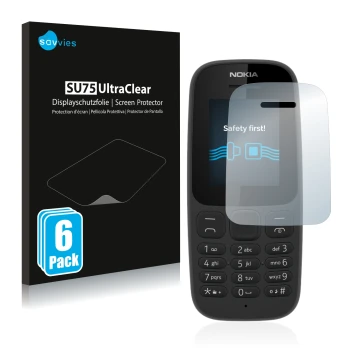 Front side of a product packaging with the brand logo Savvies. Next to it is the device Nokia 105 2017 shown with the correspo
