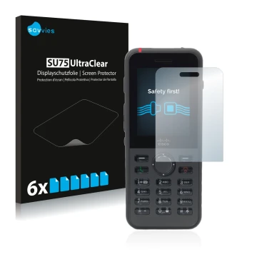 Front side of a product packaging with the brand logo Savvies. Next to it is the device Cisco IP Phone 8821 shown with the cor