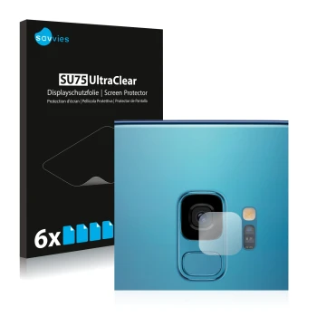 Front side of a product packaging with the brand logo Savvies. Next to it is the device Samsung Galaxy S9 (ONLY Camera Lens) s