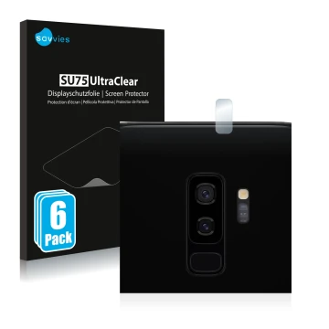 Front side of a product packaging with the brand logo Savvies. Next to it is the device Samsung Galaxy S9 Plus (ONLY Camera Le