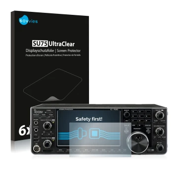 Front side of a product packaging with the brand logo Savvies. Next to it is the device Icom IC-7610 shown with the correspond