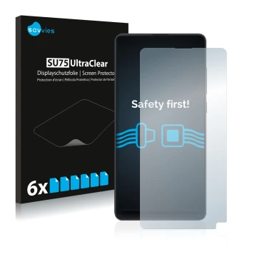Front side of a product packaging with the brand logo Savvies. Next to it is the device Xiaomi Mi Mix 2S shown with the corres