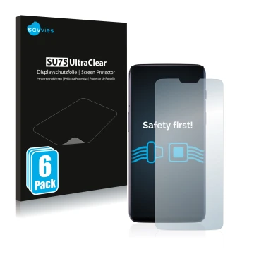Front side of a product packaging with the brand logo Savvies. Next to it is the device OnePlus 6 shown with the corresponding