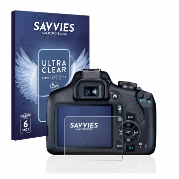 Front side of a product packaging with the brand logo Savvies. Next to it is the device Canon EOS 2000D shown with the corresp