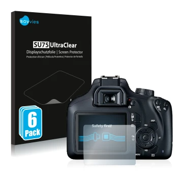 Front side of a product packaging with the brand logo Savvies. Next to it is the device Canon EOS 4000D shown with the corresp