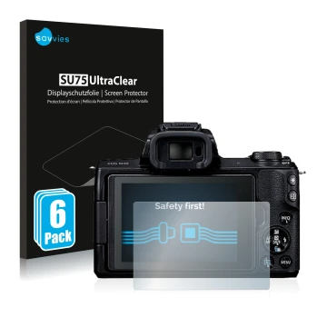 Front side of a product packaging with the brand logo Savvies. Next to it is the device Canon EOS M50 shown with the correspon