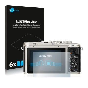 Front side of a product packaging with the brand logo Savvies. Next to it is the device Olympus PEN E-PL9 shown with the corre