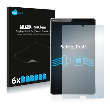 Front side of a product packaging with the brand logo Savvies. Next to it is the device Huawei MediaPad M5 8.4 shown with the 