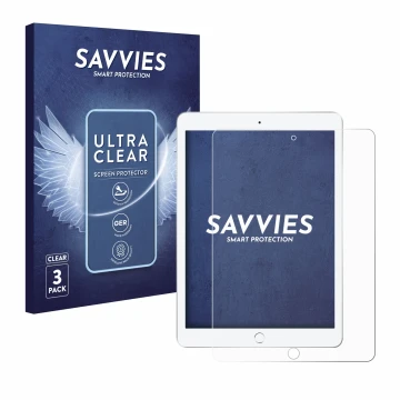 Front side of a product packaging with the brand logo Savvies. Next to it is the device Apple iPad 9.7