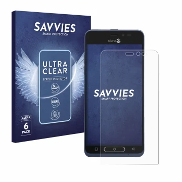 Front side of a product packaging with the brand logo Savvies. Next to it is the device Doro 8035 shown with the corresponding
