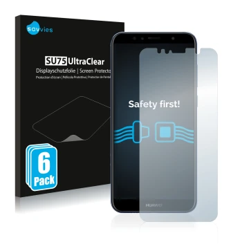 Front side of a product packaging with the brand logo Savvies. Next to it is the device Huawei Y6 2018 shown with the correspo