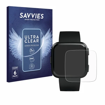 Front side of a product packaging with the brand logo Savvies. Next to it is the device Fitbit Versa shown with the correspond