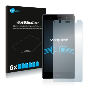 Front side of a product packaging with the brand logo Savvies. Next to it is the device Sony Xperia XZ2 Premium shown with the