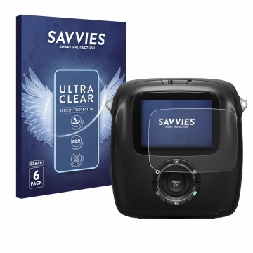 Front side of a product packaging with the brand logo Savvies. Next to it is the device Fujifilm Instax Square SQ10 shown with