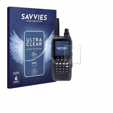 Front side of a product packaging with the brand logo Savvies. Next to it is the device Yaesu FTA-450 shown with the correspon