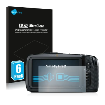 Front side of a product packaging with the brand logo Savvies. Next to it is the device Blackmagic Pocket Cinema Camera 4K sho