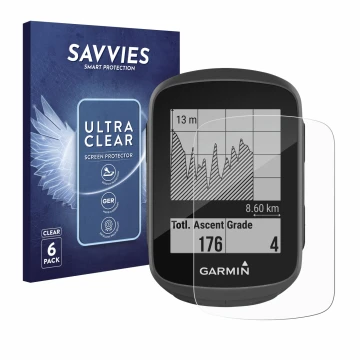 Front side of a product packaging with the brand logo Savvies. Next to it is the device Garmin Edge 130 shown with the corresp