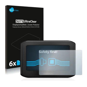 Front side of a product packaging with the brand logo Savvies. Next to it is the device Garmin zumo 396 LMT-S shown with the c